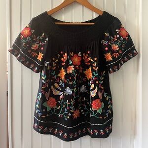 Savanna Jane Black Top with Vibrant Floral Embroidery on or off shoulder Size S